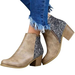 Womens Pointed Toe Ankle Boots, Sequin Chunky Heel